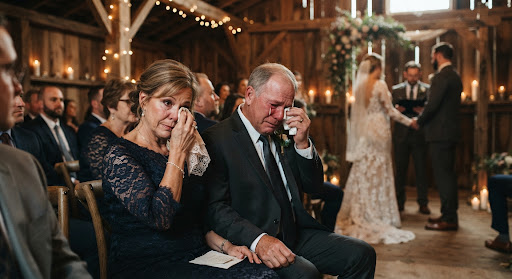 Parents of the bride wiping away tears during the ceremony.